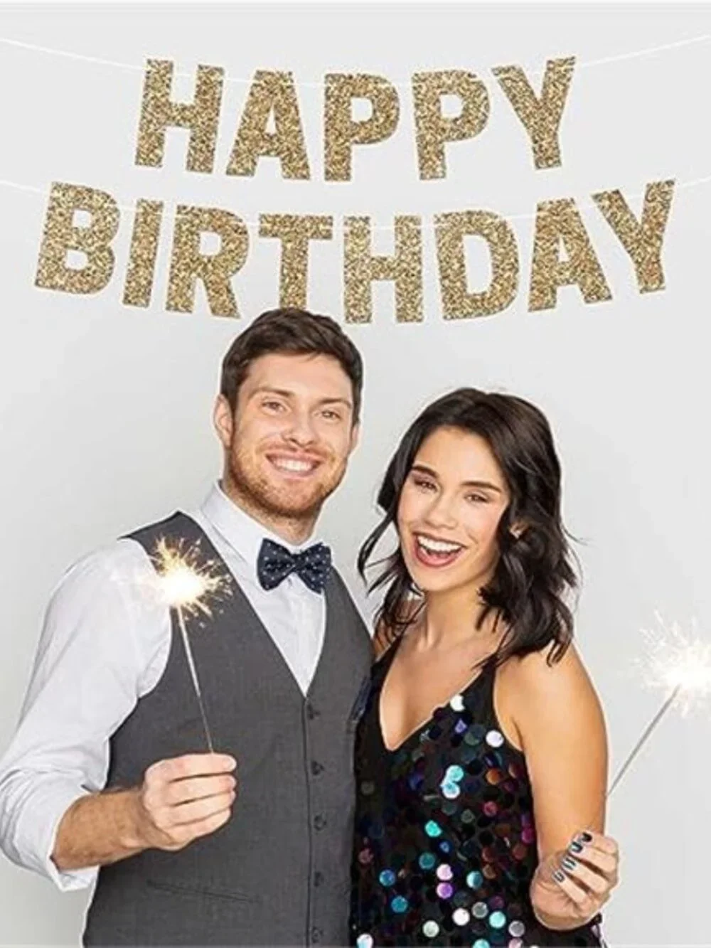 Gold Happy Birthday Banner Glitter Pre Strung Party Decoration Photo Backdrop